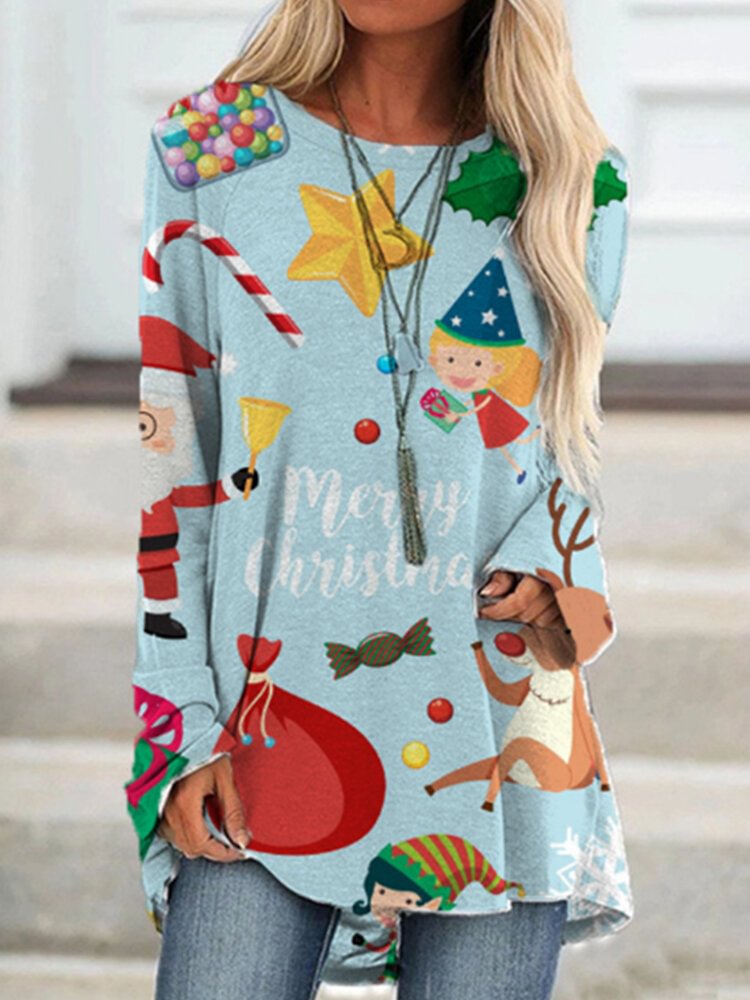 Cartoon Christmas Prints Long Sleeves O neck Casual T shirt For Women P1763361