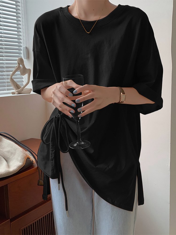 Solid Drawstring Split Round Neck Short Sleeve Casual T-Shirt