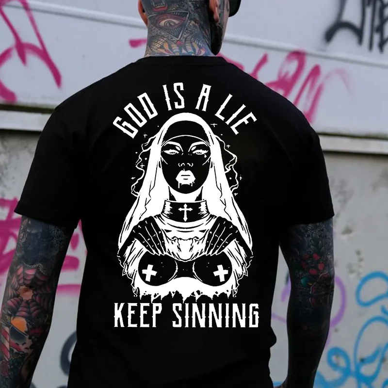 GOD IS A LIE KEEP SINNING Nun Graphic White Print T-shirt