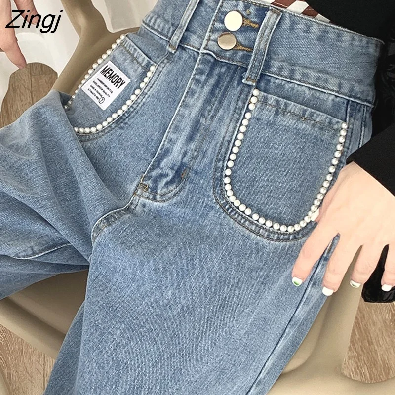 Zingj Pearl Jeans Women Korean Streetwear High Waist Washed Denim Wide Leg Pants Female Loose Casual Straight Baggy Trousers