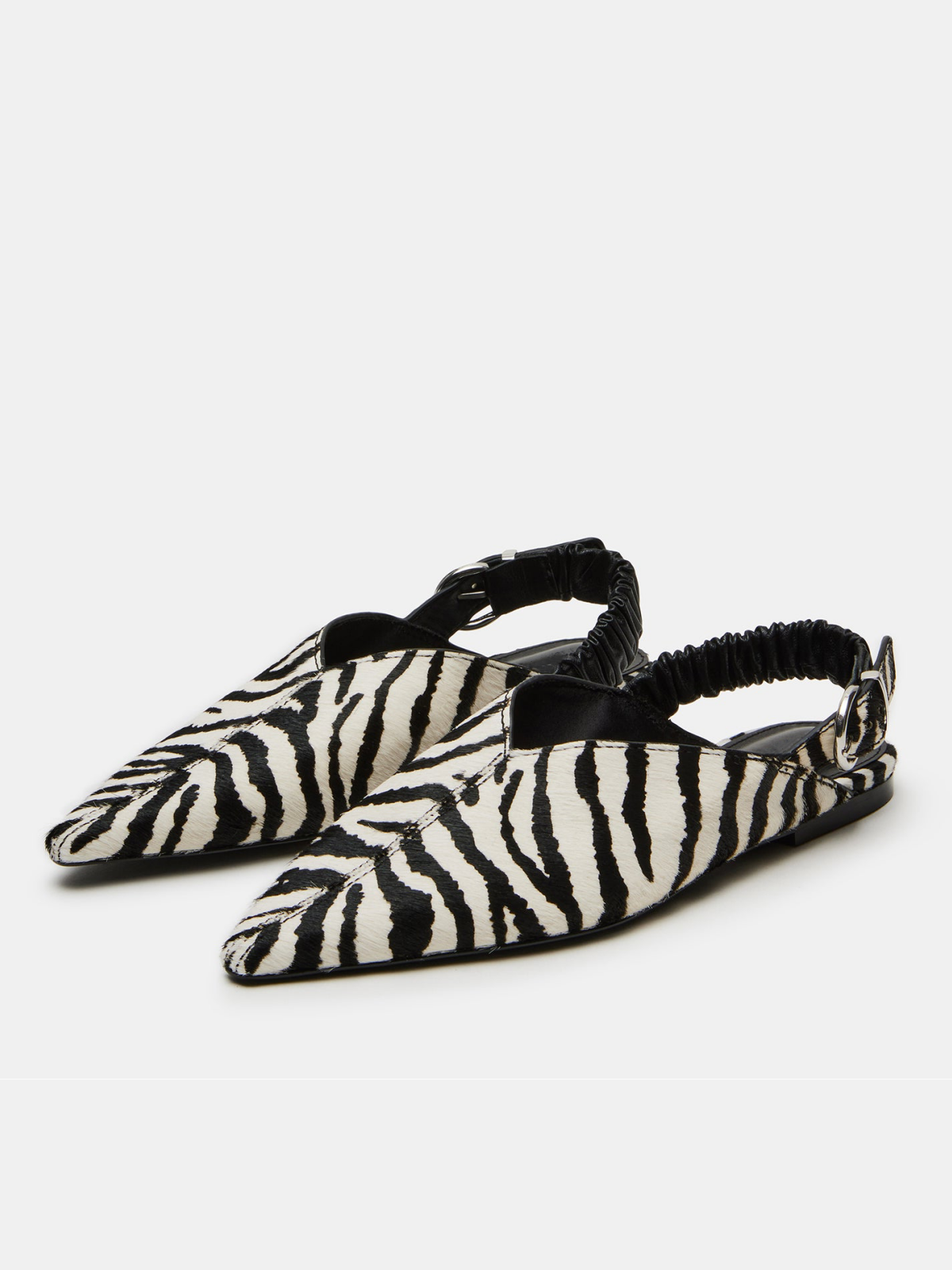 GOOSHOE Zebra-Print Pony Hair Pointed-Toe Ruched Slingback Ballet Flats