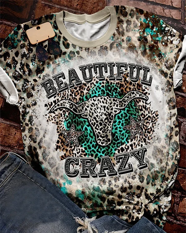 Beautiful Crazy Cow Skull Leopard Print Short Sleeve T-shirt