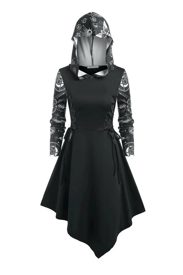 Gothic Black Casual Lace Up Printed Long Sleeve Hooded Irregular Hem Midi Dress