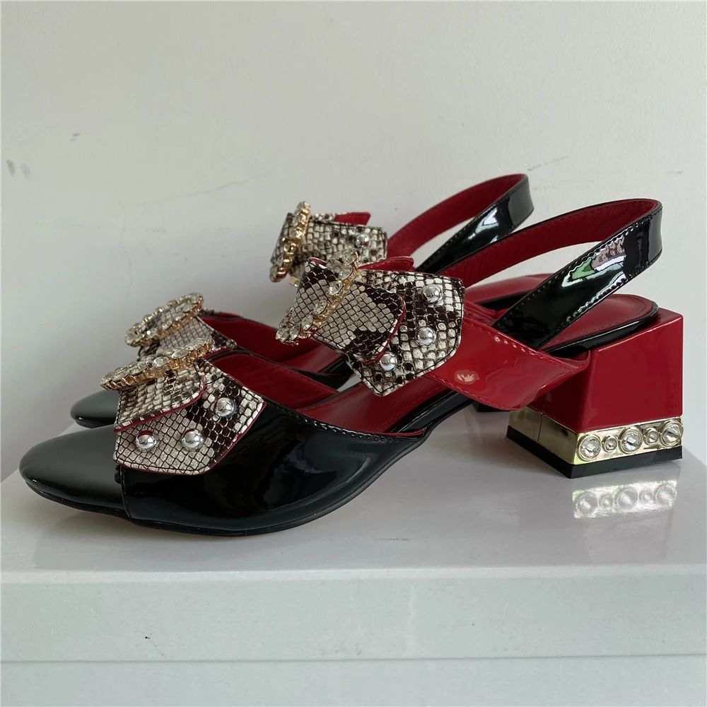 TAAFO Jeweled Serpentine Butterfly-knot Sandals Women Square Heel Open Toes Crystal High Heels Rhinestone Shoes Woman