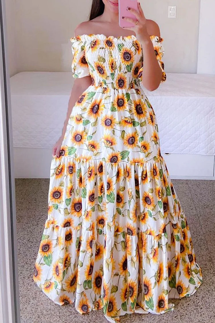 Yellow Casual Sweet Print Split Joint Fold Off the Shoulder Printed Dress Dresses