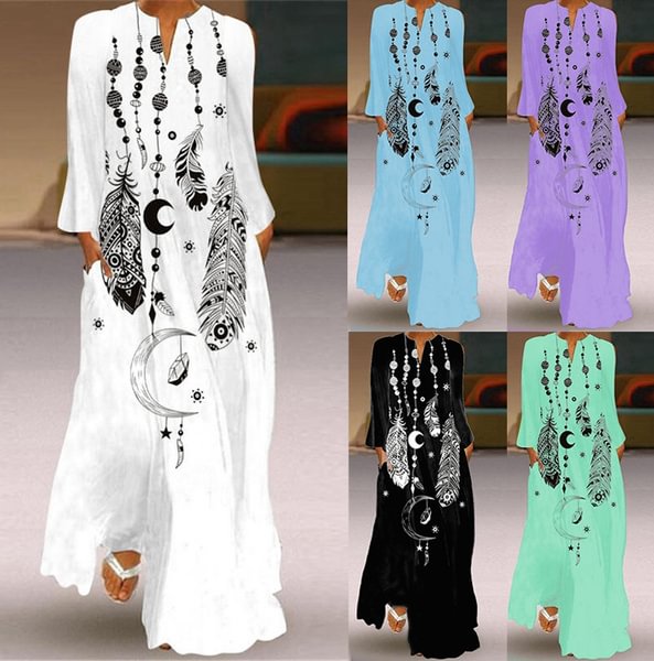 Fashion Women's Long Sleeve Feather Print Maxi Dress Ladies Casual Floor Length Boho Dress Casual Plus Size Dress S-5Xl - BlackFridayBuys