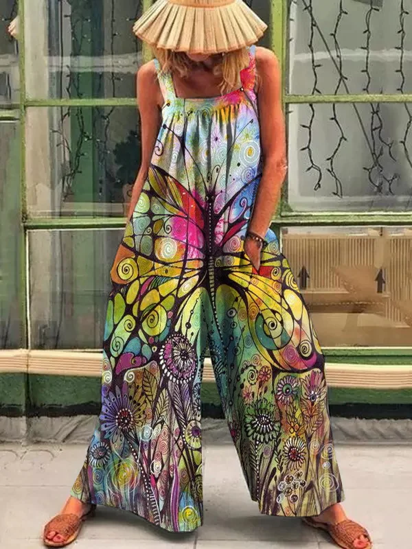Retro Floral Butterfly Print Women Jumpsuit Overalls