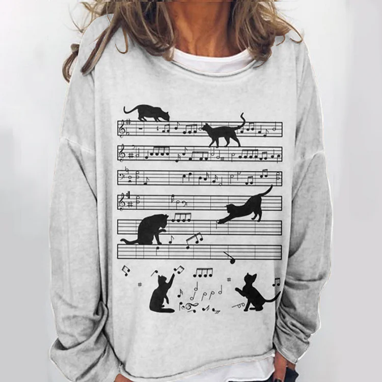 Vefave Score Cat Print Long Sleeve Crew Neck Sweatshirt