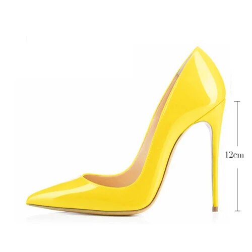 VCshoes Women Pumps Woman Shoes High Heel Pointed Toe Patent Leather Valentine Shoes Yellow 12 Cm Stiletto Ladies Shoes QP002