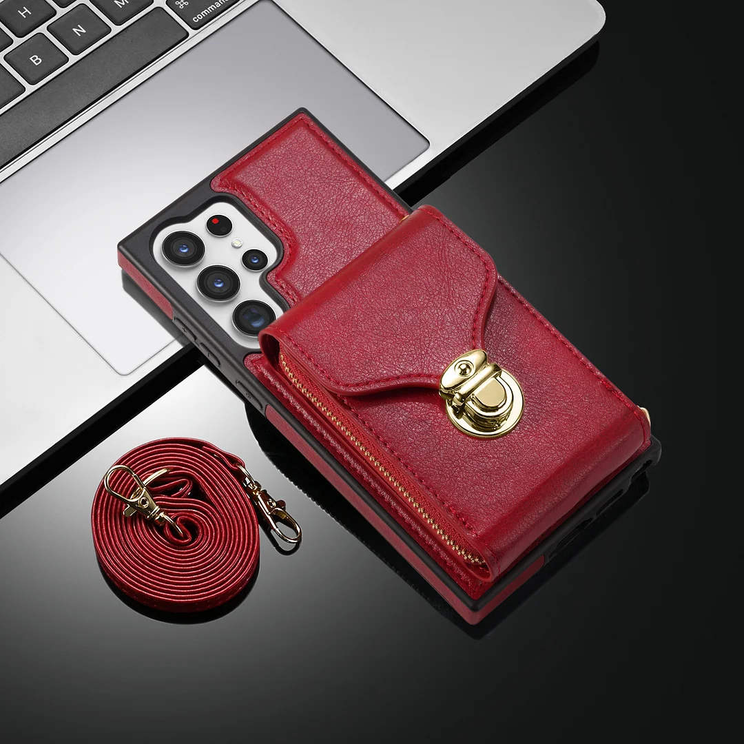 Luxury Crossbody Leather Phone Case With Cards Wallet,Zipper Slot,Kickstand And Detachable Lanyard For Galaxy S23/S23+/S23 Ultra/S22/S22+/S22 Ultra