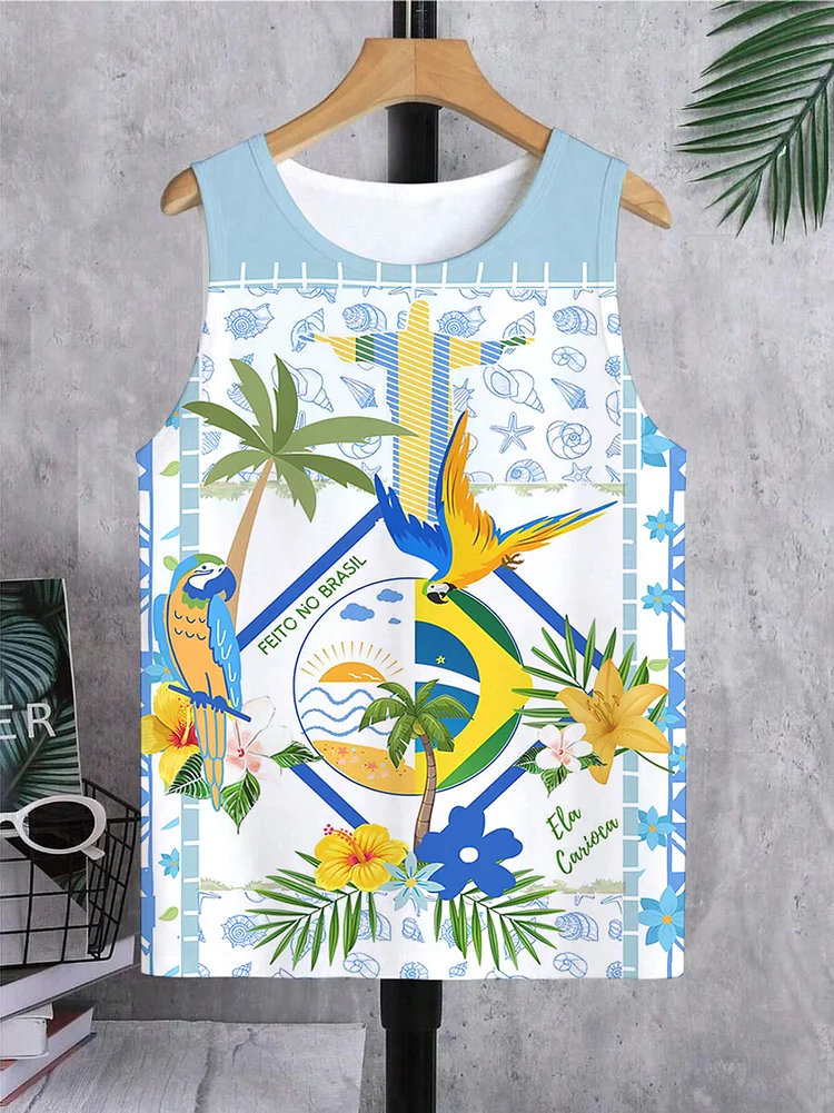 Men's Hawaiian Hibiscus Parrot Palm Tree Print Vacation Tank Top