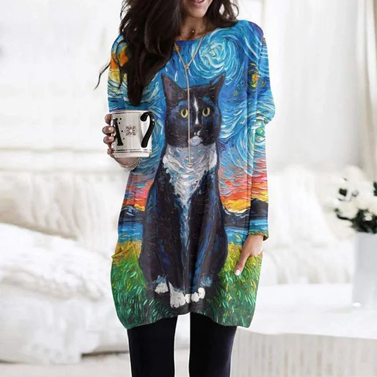 Vefave Vefave Vefave Oil Painting Cat Print Pocket Long Sleeve Tunic