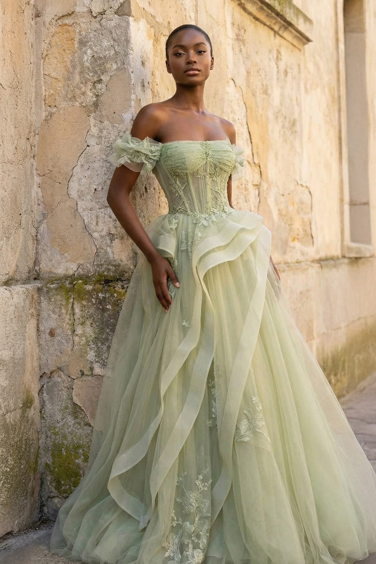 green corset tulle dress A Line Corset Back Sage Green Tulle Long Dresses, Sage Green / 10