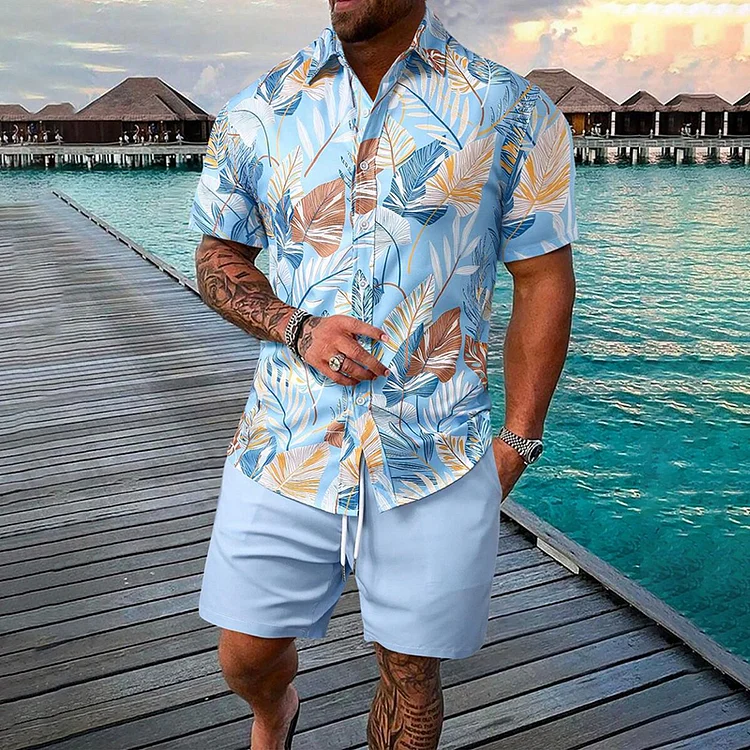 Comstylish Hawaiian Vacation Men'S Leaf Print Short Sleeved Two Piece Set