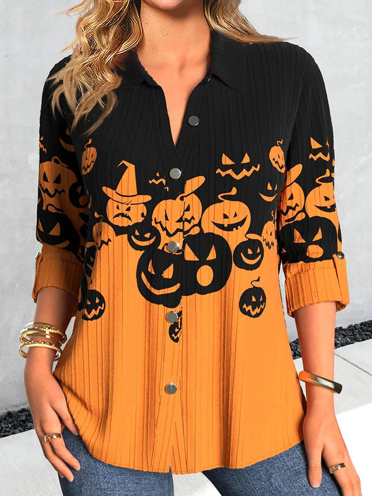 Button Halloween Pumpkin Print Orange Shirt Collar Blouse VangoghDress
