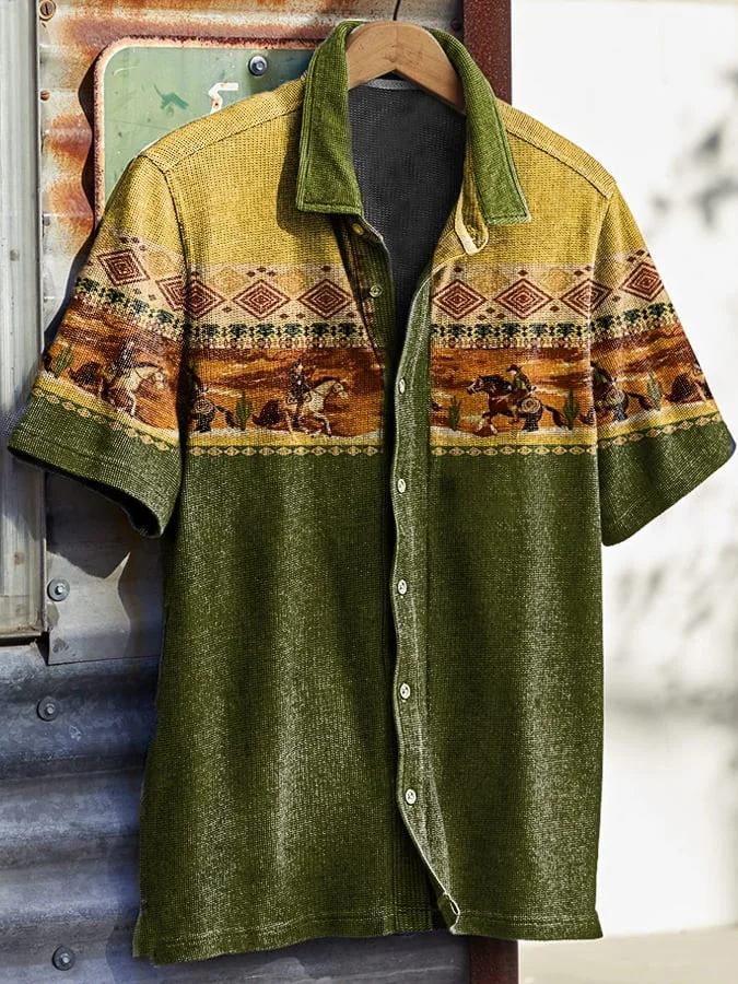 Men's Vintage Western Print Waffle Shirt socialshop