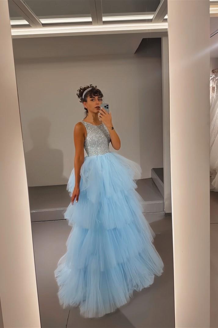 Lussooy Glamorous Tulle Spaghetti Strap Sky Blue Sequins Prom Dress with Ruffles