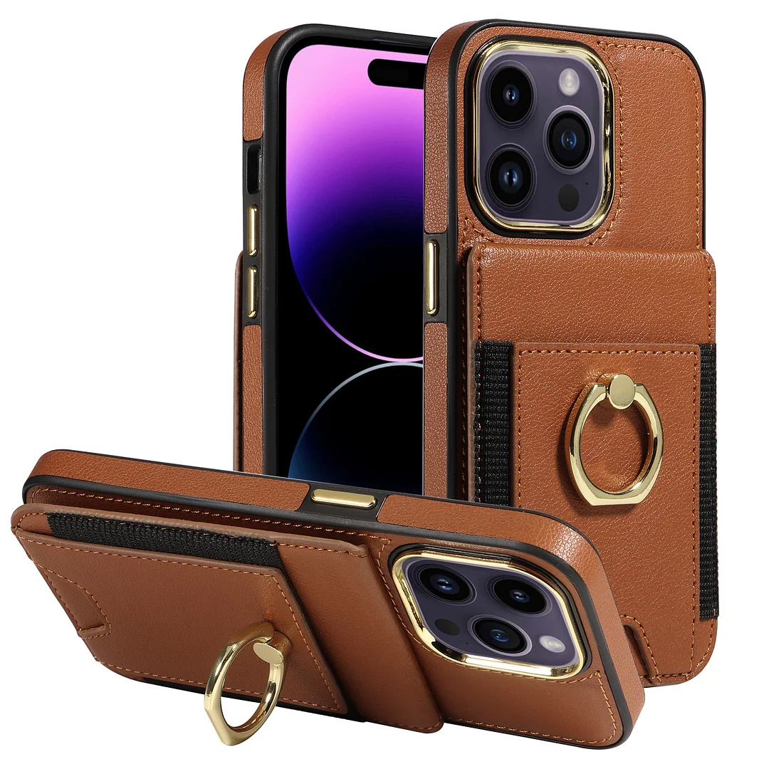 Leather Phone Case With Elastic 5 Cards Slot,Rotating Ring,Kickstand,Pin Slot And IC Card Slots And Metal Lens Frame For IPhone 14/14 Pro/14 Pro Max/14 Plus/13/13 Pro/13 Pro Max/15/15 Plus/15 Pro/15 Pro Max
