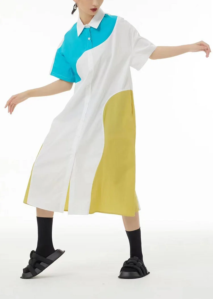 5.1French Colorblock Peter Pan Collar Patchwork Cotton Shirt Dresses Summer