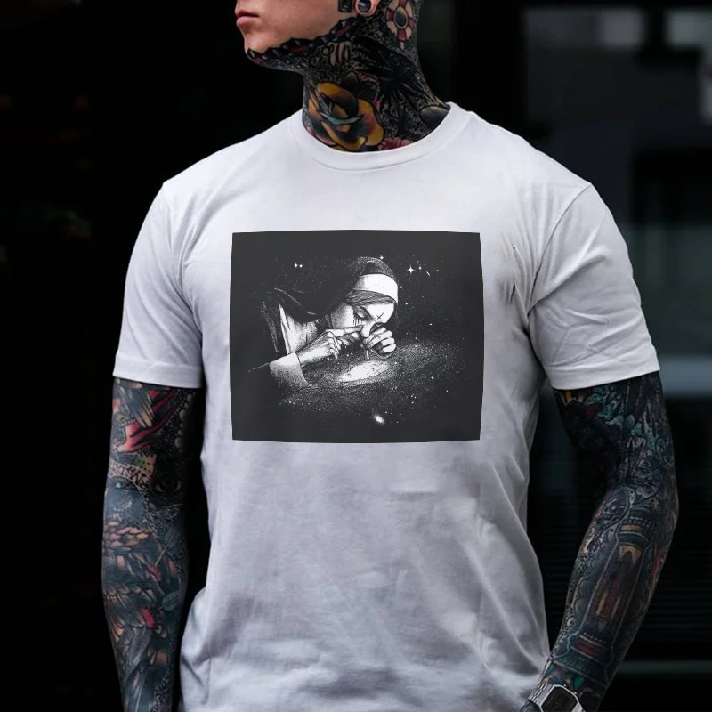 Nun Smoking Dark Style Black Print T-shirt