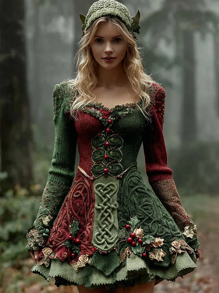 Women's Christmas Holly Leaf Berry Celtic Knot Midi Sweater Dress