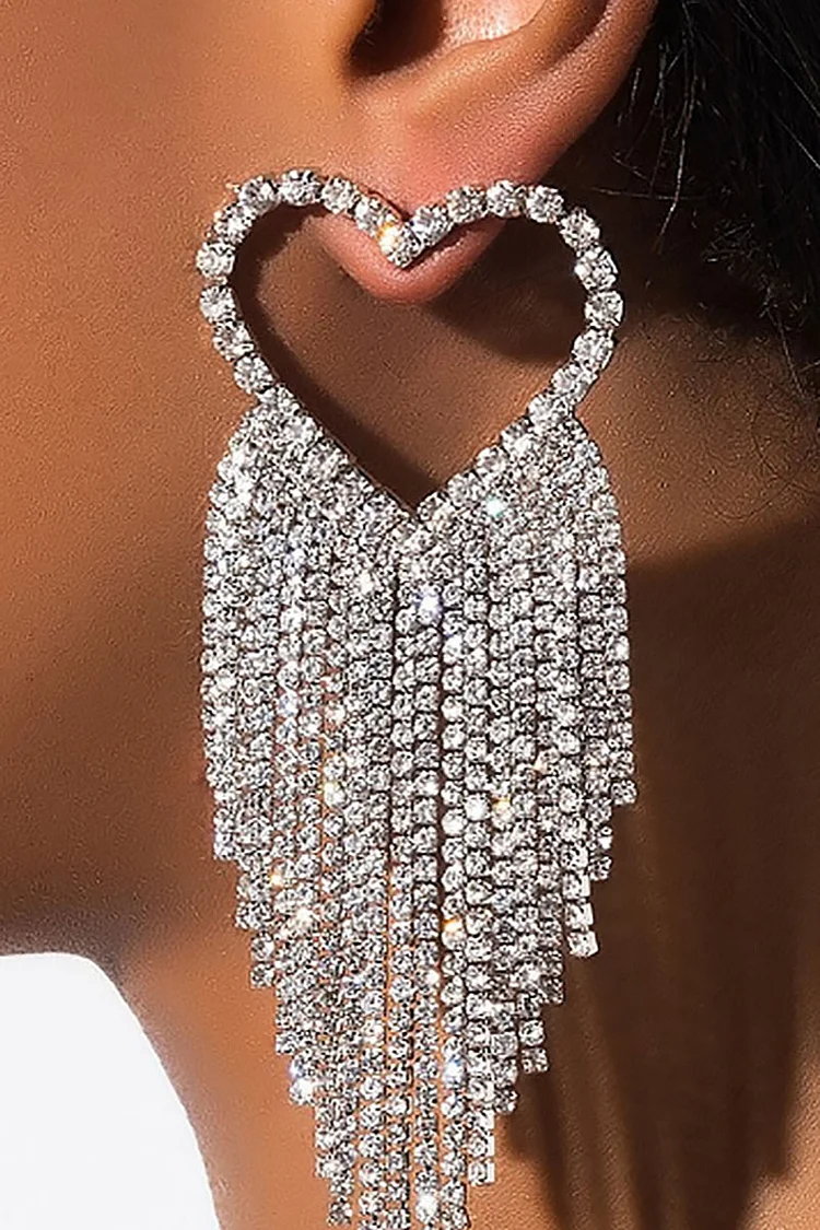 Heart-Shaped Rhinestone Asymmetric Fringed Fashionable Dangle Earrings