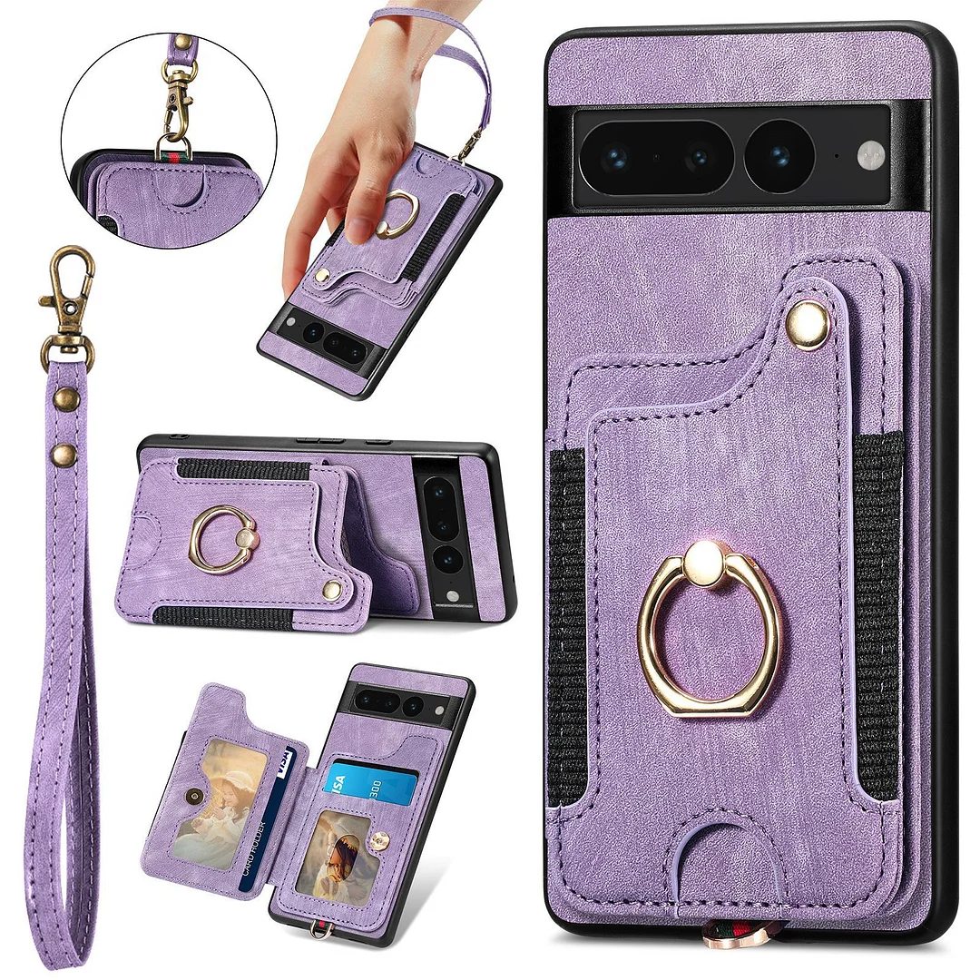 Luxury Retro Leather Phone Case With Elastic 3 Cards Wallet,Ring,Kickstand And Detachable Lanyard For Google Pixel 6/6A/6 Pro/7/7A/7 Pro/8/8 Pro