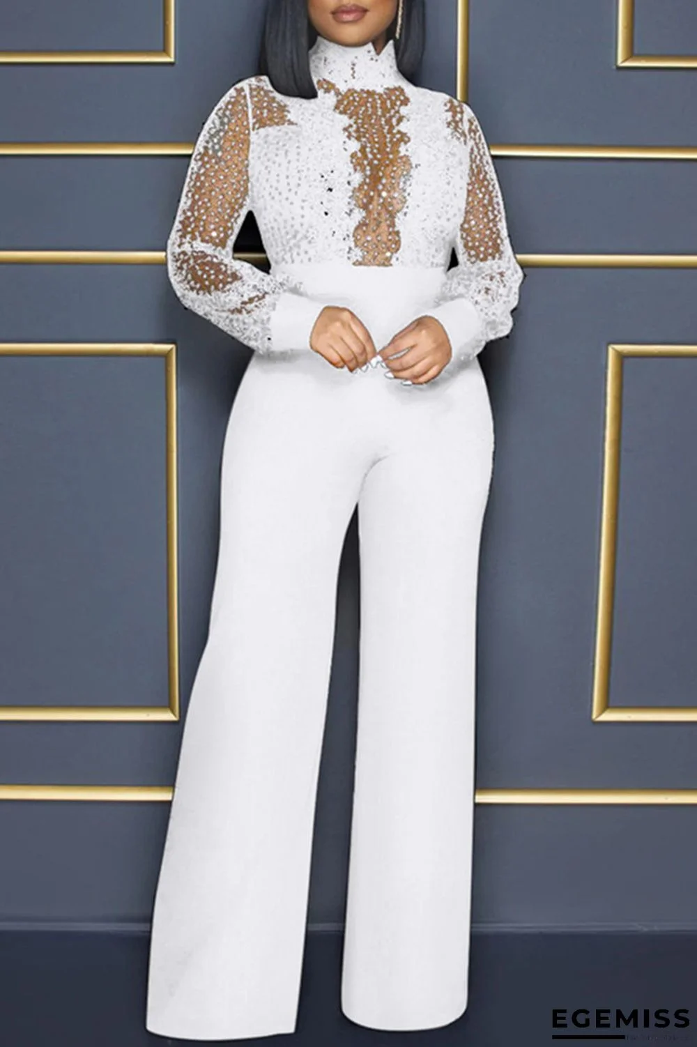 White Fashion Sexy Patchwork Sequins See-through Turtleneck Regular Jumpsuits | EGEMISS