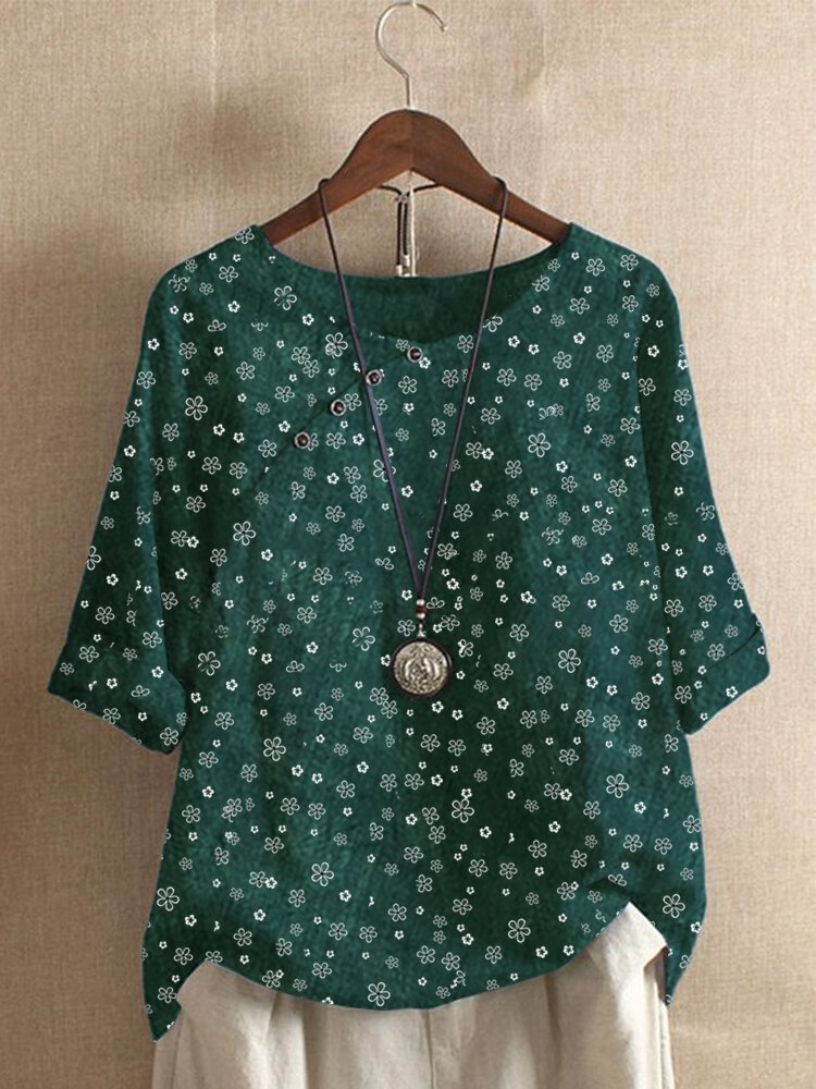 Vintage Floral Print Button Half Sleeve Blouse For Women P1682722