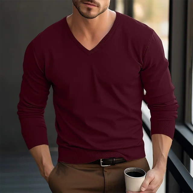 Men's Basic V Neck Long Sleeve Solid Knitted Sweaters