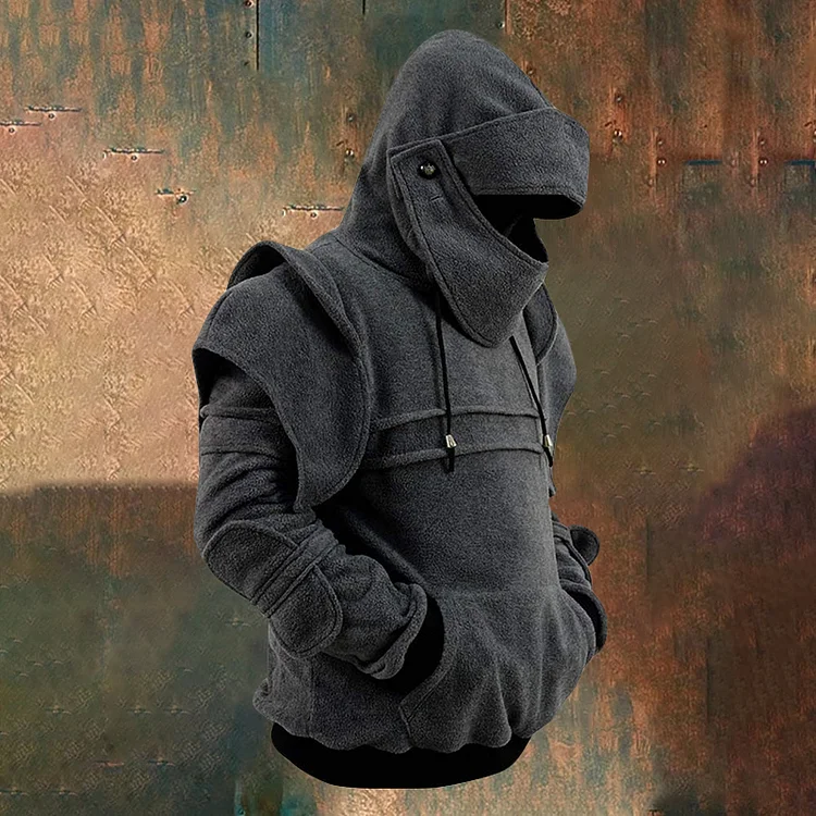 Men's Solid Color Retro Drawstring Mask Rider Hoodie