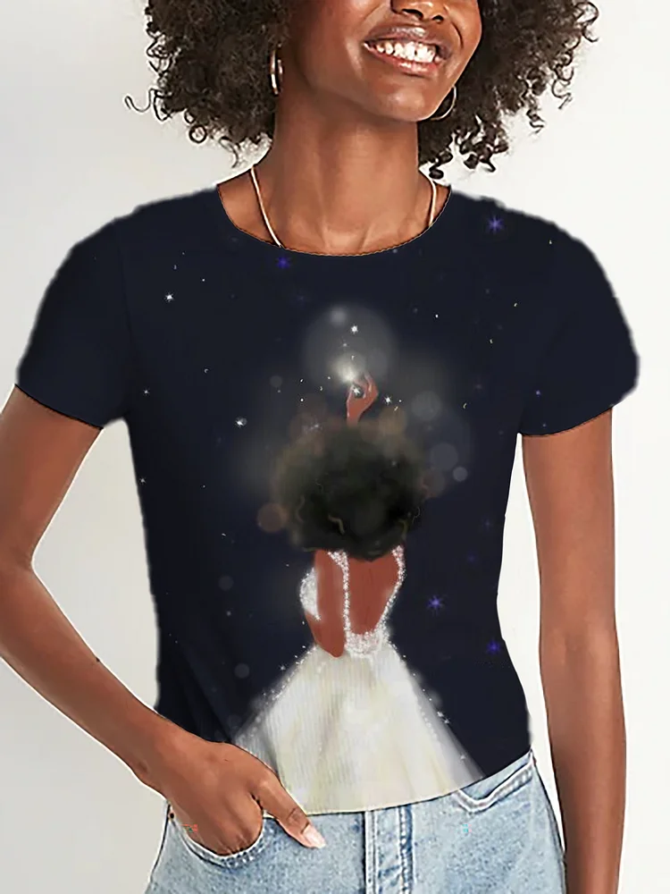 Women's Black Women Art Print Casual Short Sleeve T-Shirt