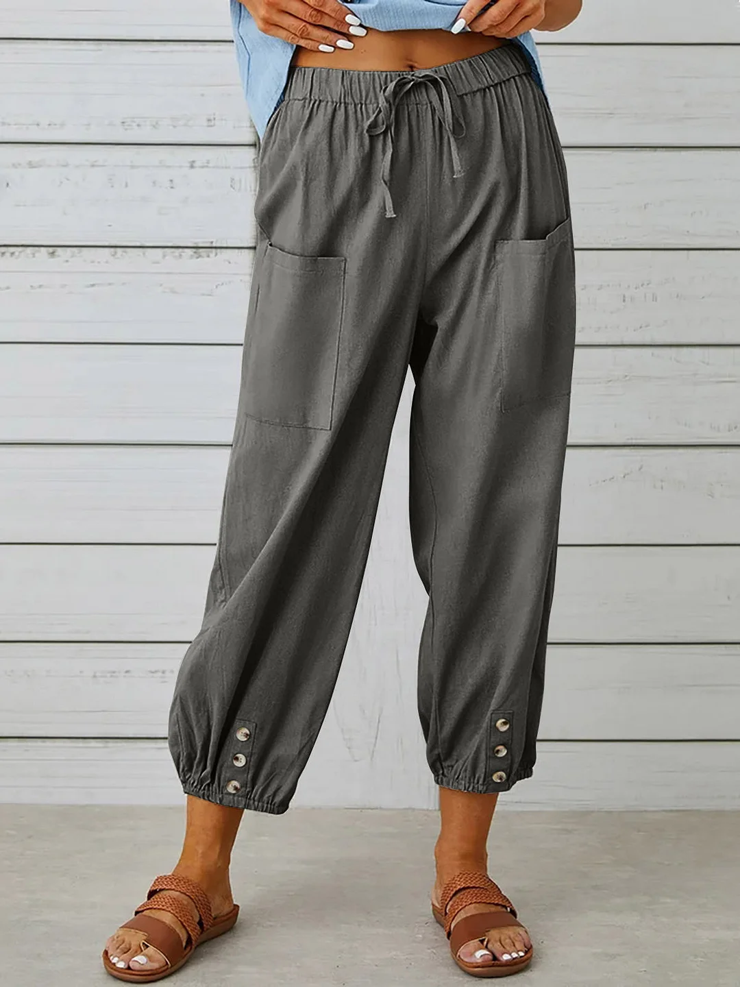 Women's Loose High-waisted Buttons Cotton and Linen Cropped Wide-leg Trousers