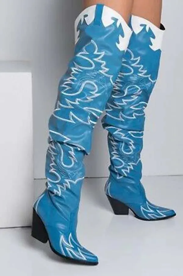 VCSHOES Female Neon Flame Embroidery Chunky Heels Thigh Boots Blue White Leather Pointed Toe Punk Over The Knee Boots