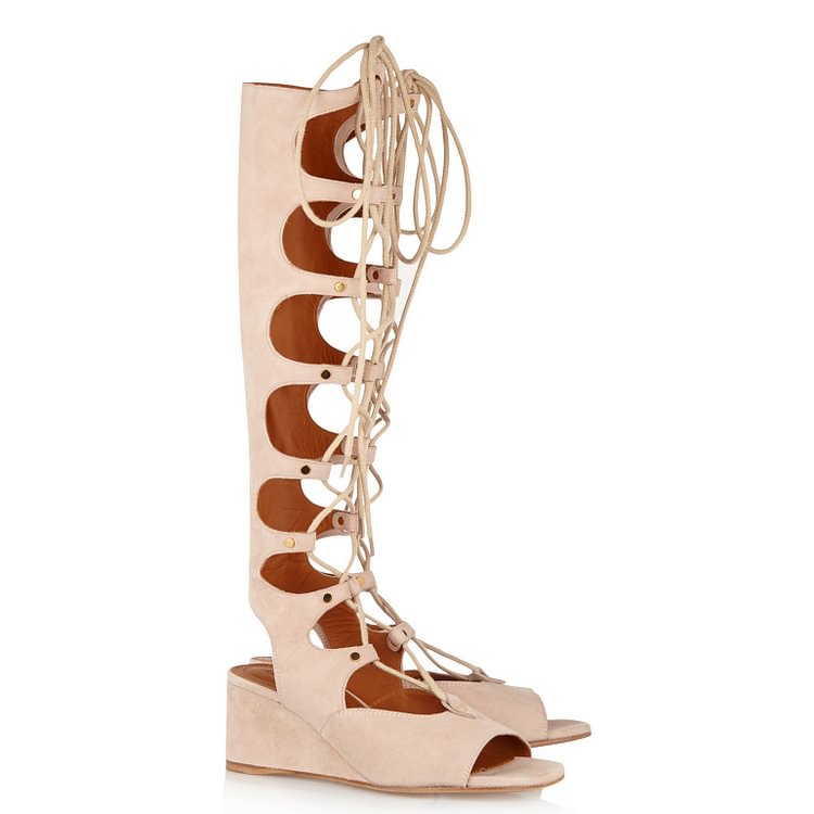 Nude Gladiator Heels Lace up Strappy Suede Wedge Heels Sandals |FSJ Shoes