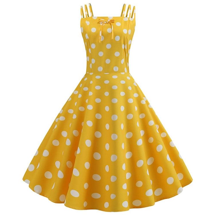 Yellow Spaghetti Strap Polka Dot Dress SP13880