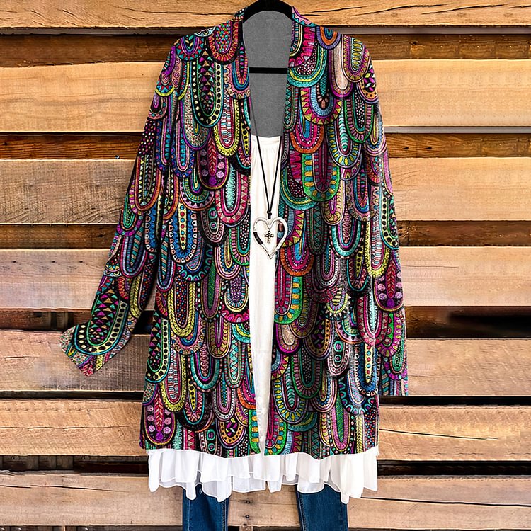 Vefave Vintage Print Casual Long Sleeve Cardigan