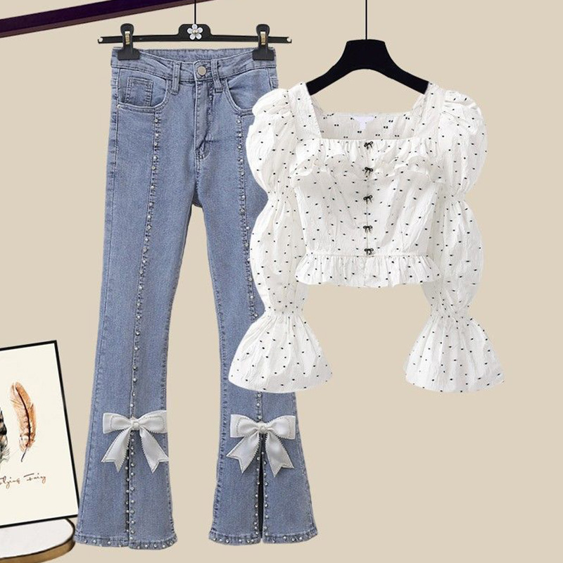 Square Collar Polka Dots Short Top Bow Denim Pants Set