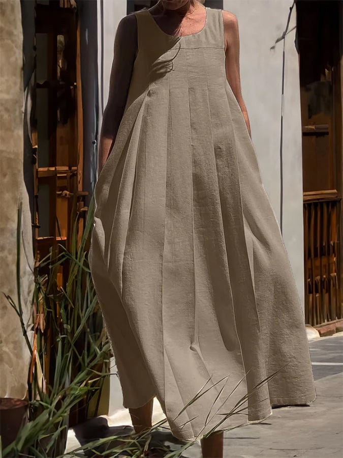 Women's Cotton And Linen Sleeveless Pleated Dress