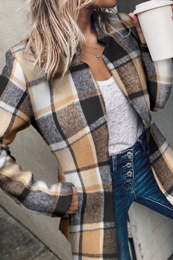 Casual Plaid Basic Mandarin Collar Outerwear - Life is Beautiful for You - SheChoic