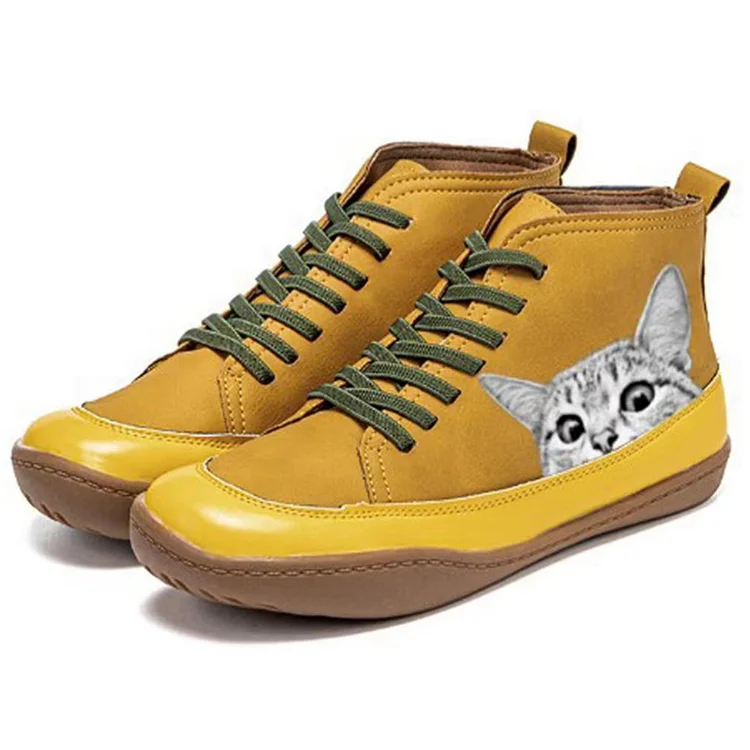 Comstylish Cat Peeking Patchwork Casual Ankle Boots