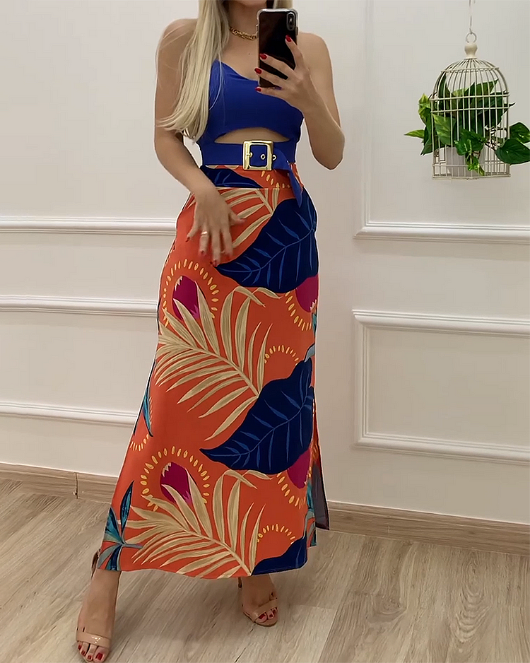 Sling Hollow Top Printed Skirt Two-Piece Suit