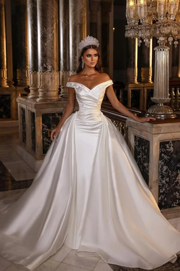 Miabel Popular Sweetheart Backless Satin A-Line Off-The-Shoulder Wedding Dress With Ruffles Appliques