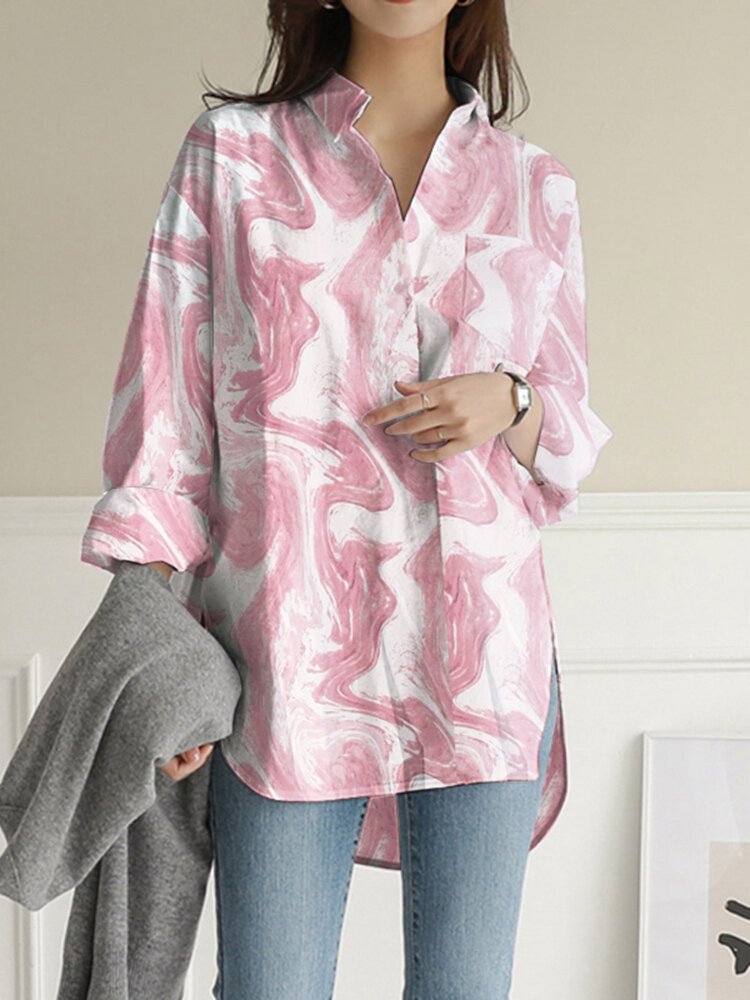 Wave Pattern Pocket Slit Hem V Neck Casual Blouse - Shop Trendy Women's Clothing | LoverChic