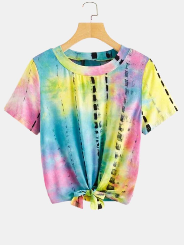 Colorful Tie Dye Print Irregular Short Sleeves O neck Casual T shirt For Women P1694546