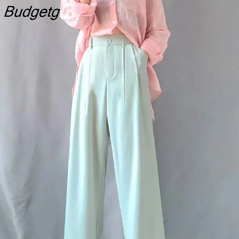 Budgetg Korean Suit Wide Leg Pants Women 2023 Autumn Elastic High Waist Trousers Woman Solid Color Button Straight Pants Female