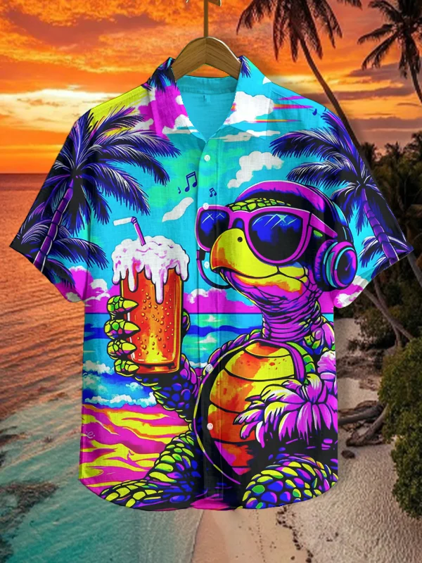Men's Colorful Turtle Listening To Music And Drinking Beer Painting Print Short Sleeve Shirt