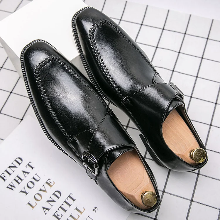 PU Leather Asymmetric Trim Glossy Stitching Pointy Toe Buckle Formal Dress Shoes