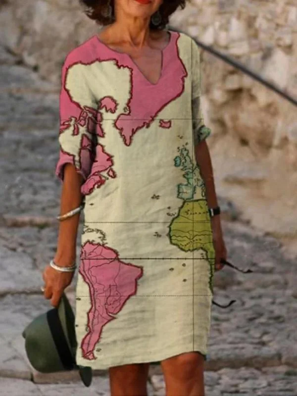 Women's Map printed cotton blend woman's dress retro v-neck summer mini dress