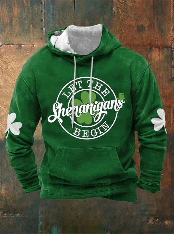Men's Let The Shenanigans Begin Clover Print St Patrick's Day Hoodie